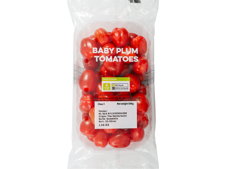 Packaged baby plum tomatoes with recycling information and origin details.