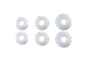 Six white, round mint candies with a hole in the middle, on a black background.