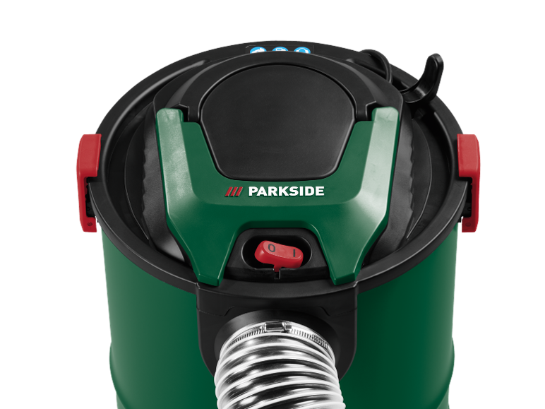 Top view of a green and black wet and dry vacuum cleaner with a red switch