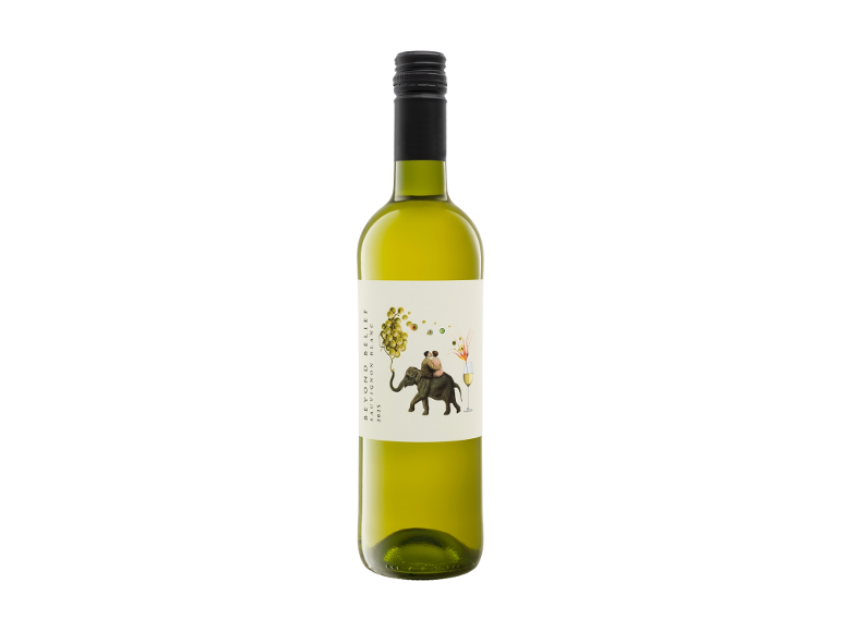 White wine bottle with an illustrated label of an elephant and grape clusters.
