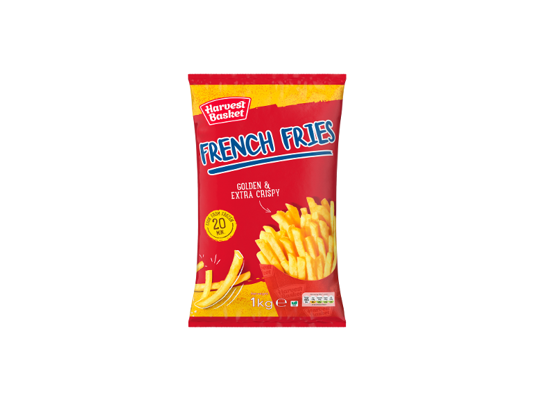 Bag of frozen french fries with 'Golden & Extra Crispy' text and 20 min cooking time.
