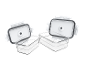 Two clear food storage containers with open white lids.