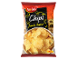 Bag of crinkle-cut chips with ham flavor, featuring wavy chips in a bowl.