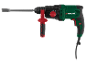 Green and black rotary hammer drill with a red handle and chisel.