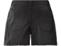 Black denim shorts with a frayed hem, back view