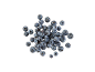 A pile of fresh, ripe blueberries with water droplets on a white background.