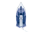 Steam iron in blue and white, viewed from above.