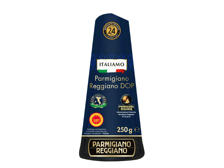 Parmigiano Reggiano DOP cheese, 250g, aged over 24 months.