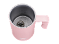 Pink electric milk frother with measurement markings and whisk