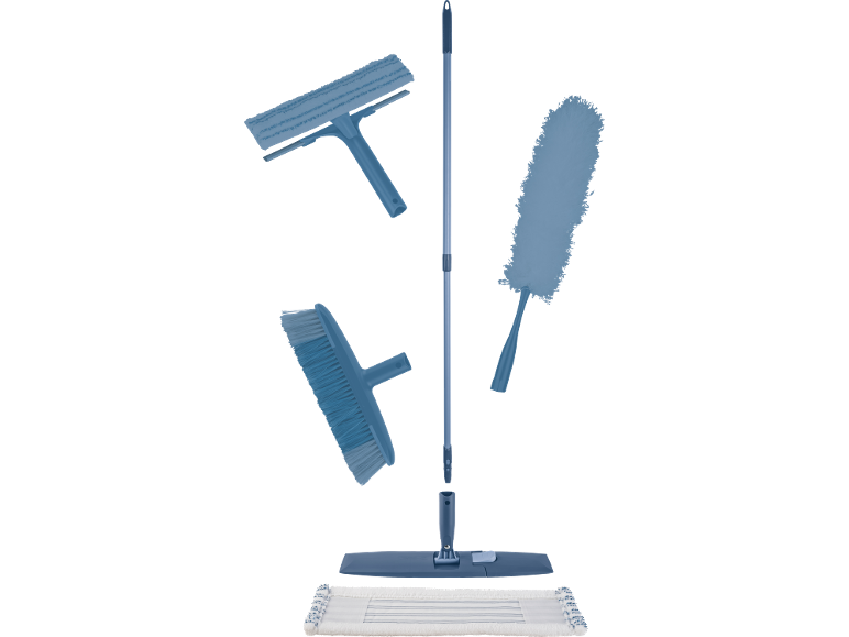 Cleaning set with mop, broom, window squeegee, and duster.