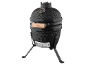 Black kamado grill with a wooden handle and an integrated thermometer.