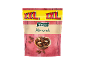 XXL bag of almonds on red wood.