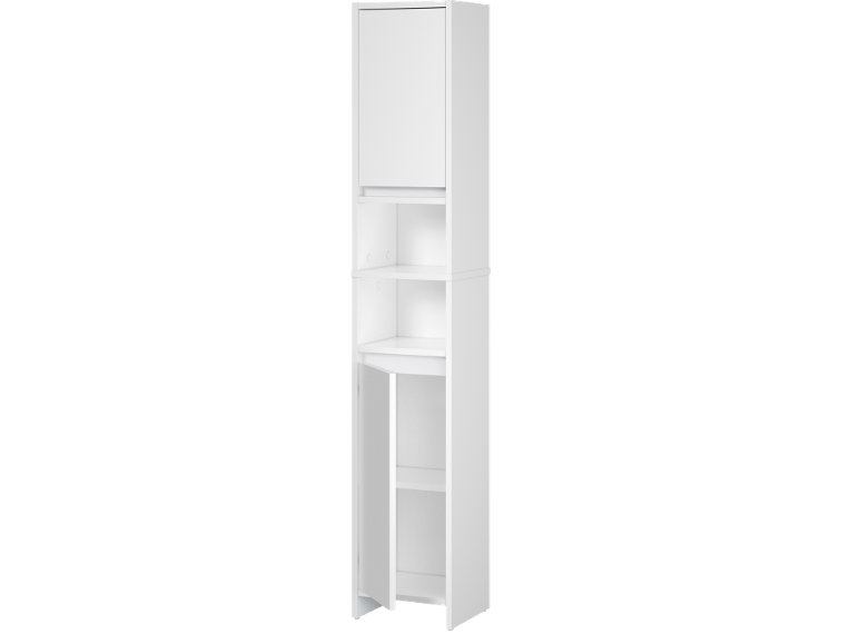 White corner shelving unit with a closed top compartment and open shelves.