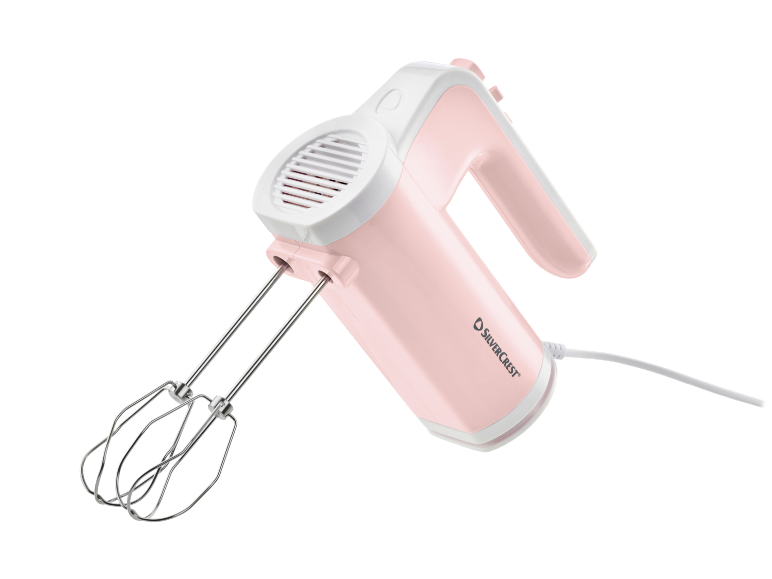 Pink electric hand mixer with stainless steel beaters.