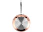 Copper frying pan with a metal handle and an induction base with cooking symbols.