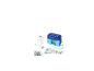 Blue instant camera with cartoon design, thermal paper roll, charging cable, and printed photos.