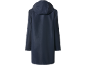 Dark blue waterproof jacket with a hood, back view.