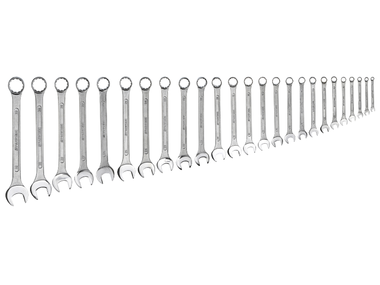 A set of combination wrenches of various sizes, from 32mm down to smaller sizes.