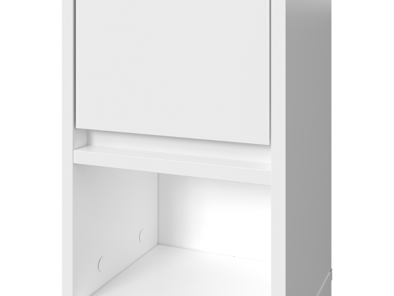 White shelf with a closed upper compartment and an open lower compartment.