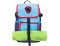 Blue backpack with red trim and a green rolled blanket underneath.