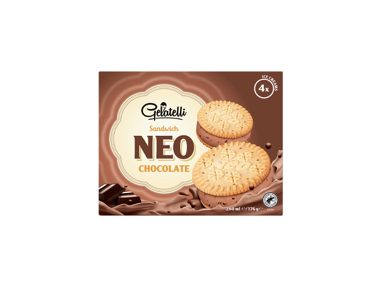 Chocolate ice cream sandwiches with biscuits, 4-pack.