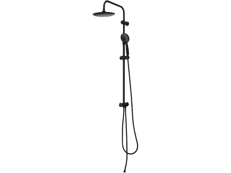 Black shower set with a rain shower head and a handheld shower