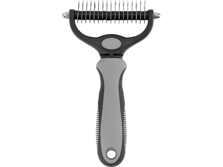 Pet grooming rake with ergonomic grey and black handle