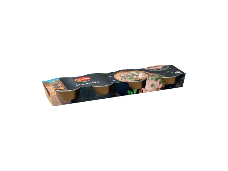 Four-pack of sardine pâté with toast and chives.