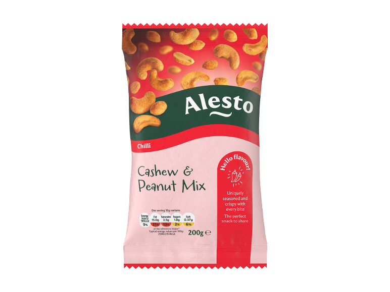 Bag of chili-flavored cashew and peanut mix, with nutritional information and descriptive text.