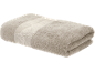 Folded beige towel with a decorative woven pattern.