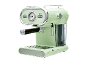 Light green espresso machine with a temperature gauge and buttons on a black background.