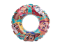Inflatable swim ring with cartoon dog characters on a palm tree background.