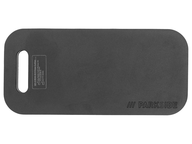 Dark grey knee cushion with product information and a handle cutout.