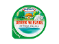 Cottage cheese packaging with a rural house and a spoon of cottage cheese.