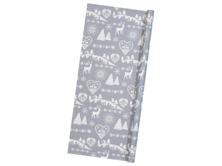 Grey wrapping paper roll with a winter pattern of deer, trees, and hearts.