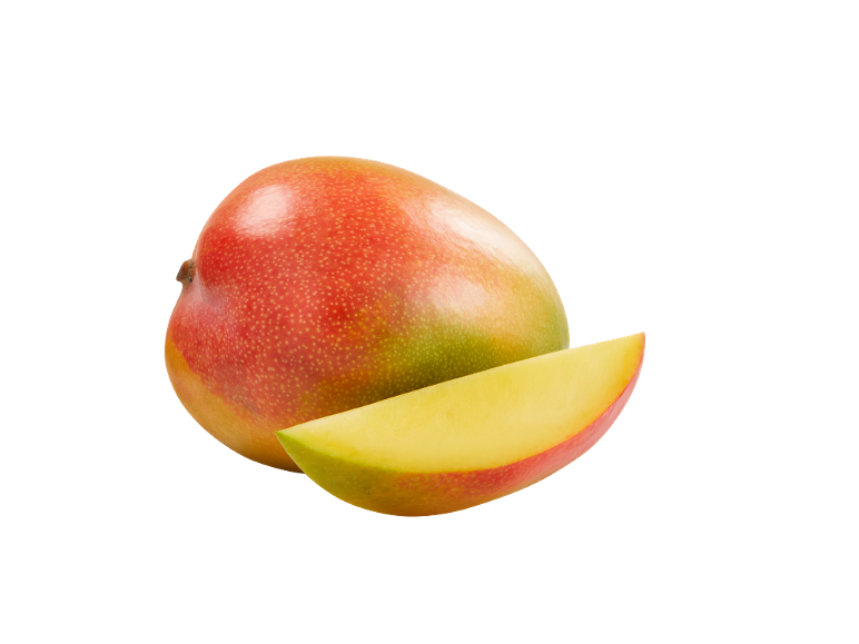 Whole mango and a mango slice on a black background.
