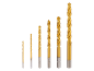 Set of six golden drill bits of varying sizes, arranged from smallest to largest.
