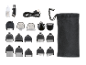 Grooming kit with various trimmer heads, charging cable, oil, and storage pouch.