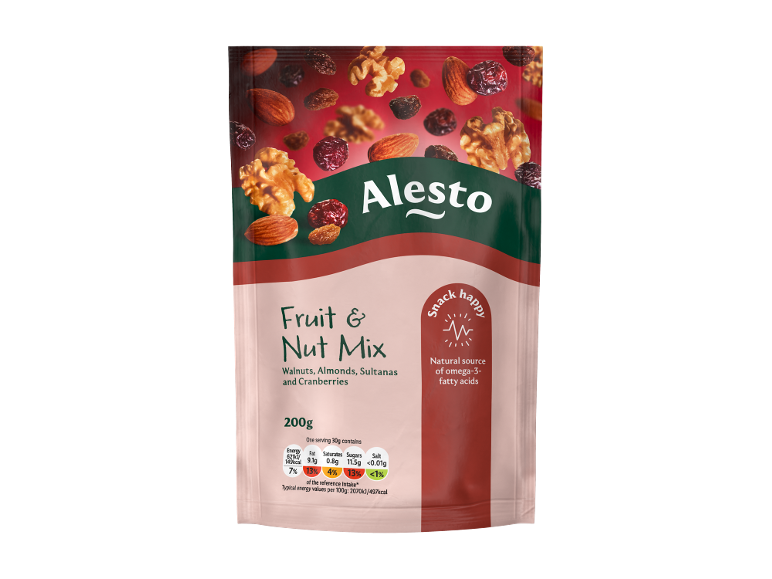 Fruit & Nut Mix with walnuts, almonds, sultanas, and cranberries, 200g pack.
