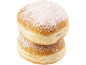 Two sugar-dusted doughnuts stacked on a black background.