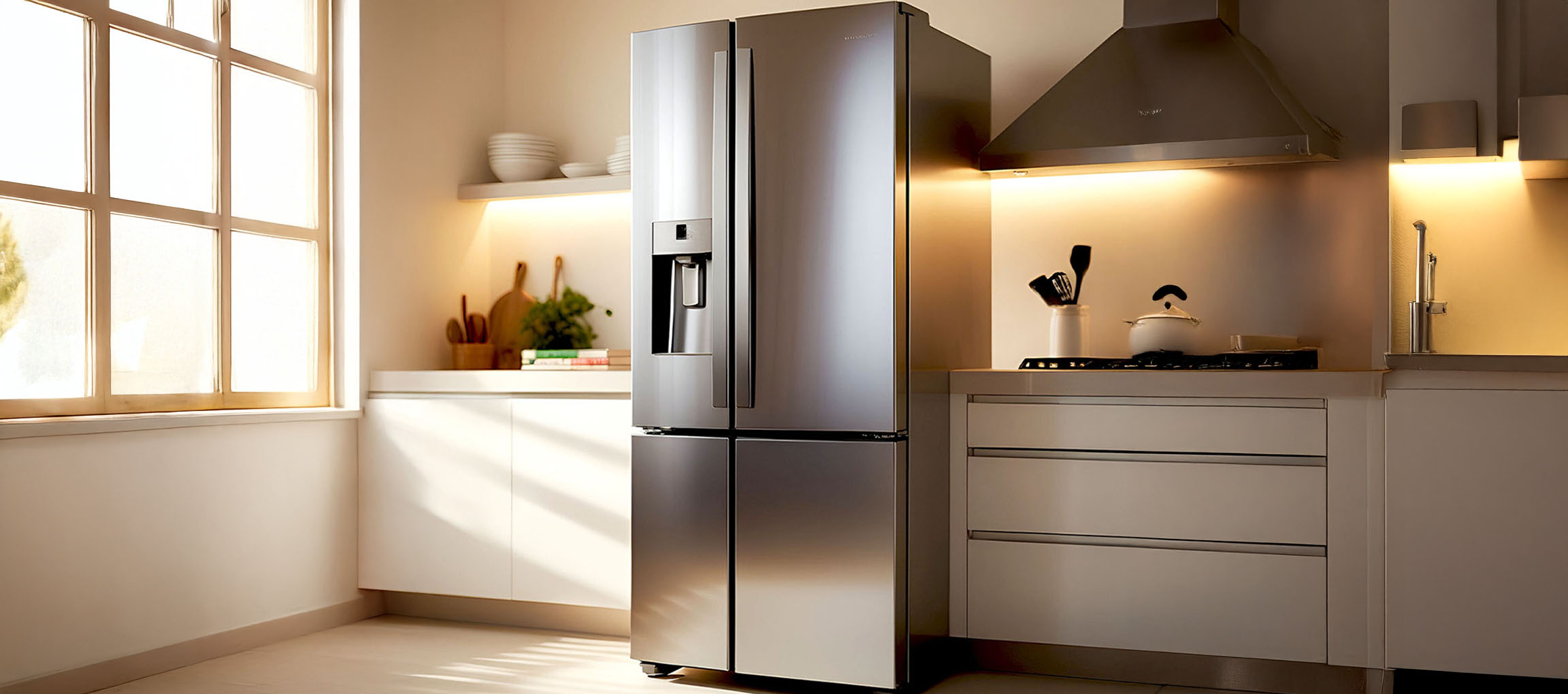 Modern kitchen with a large, freestanding stainless steel refrigerator and white cabinets.