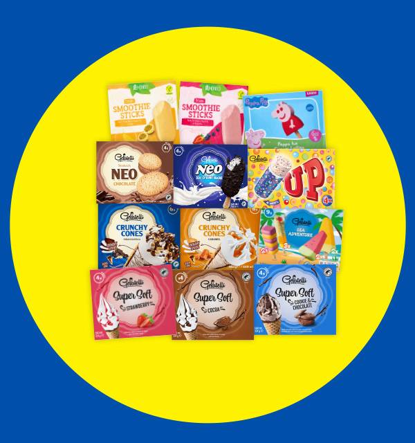 Assortment of ice cream products including smoothie sticks, chocolate, crunchy cones, and super soft ice cream.