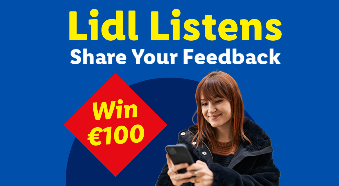 A woman on her phone, with text 'Listens Share Your Feedback' and 'Win €100'.