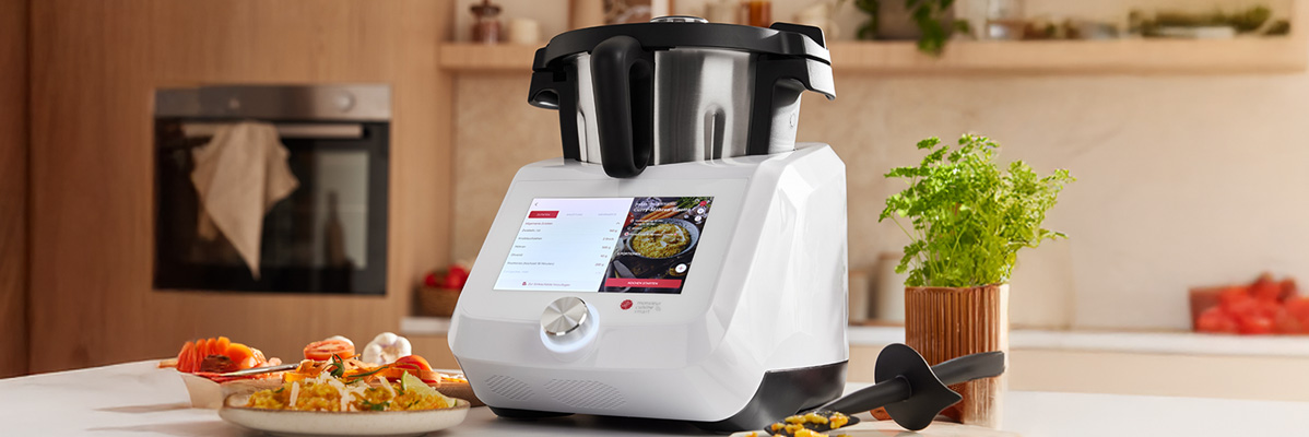 Smart cooking appliance with touchscreen and recipes.