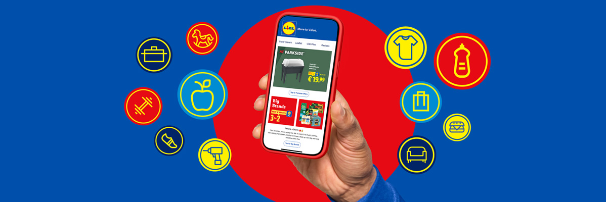 Hand holding a smartphone displaying a barbecue grill and other products, surrounded by icons.