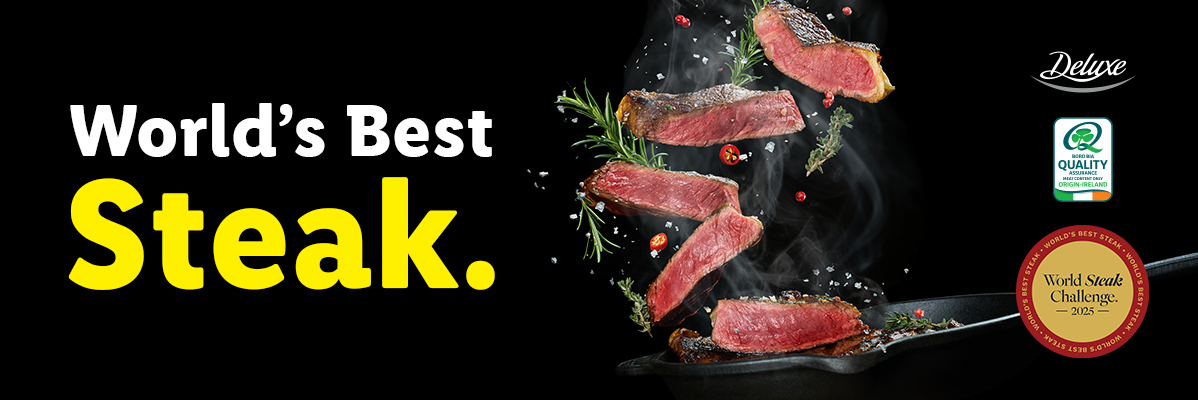 Slices of cooked steak with herbs and spices, next to text 'World's Best Steak' and awards.