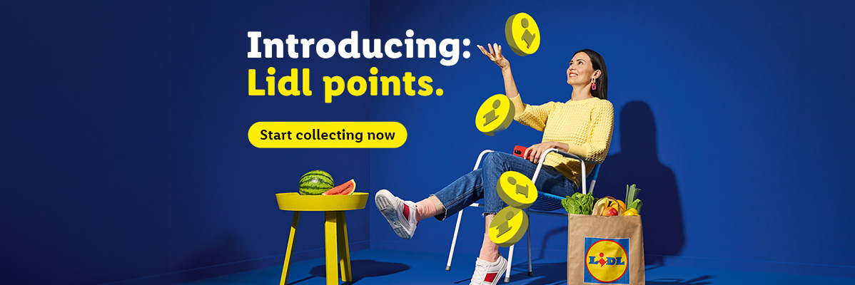 Woman collecting points, with groceries and watermelon, against a blue background. Text: Introducing: Lidl points. Start collecting now.