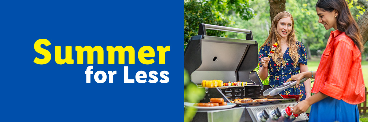 Two women grilling sausages, corn, and vegetable skewers. Text: Summer for Less.