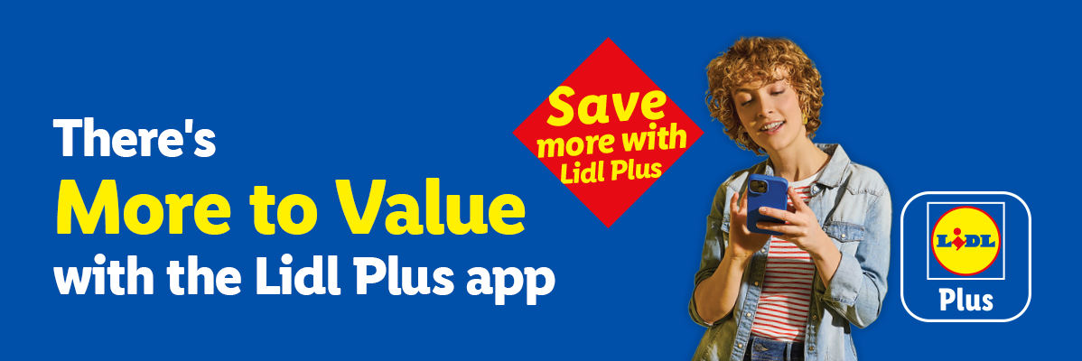 A woman using a smartphone with text: 'There's More to Value with the Plus app. Save more with Plus.'