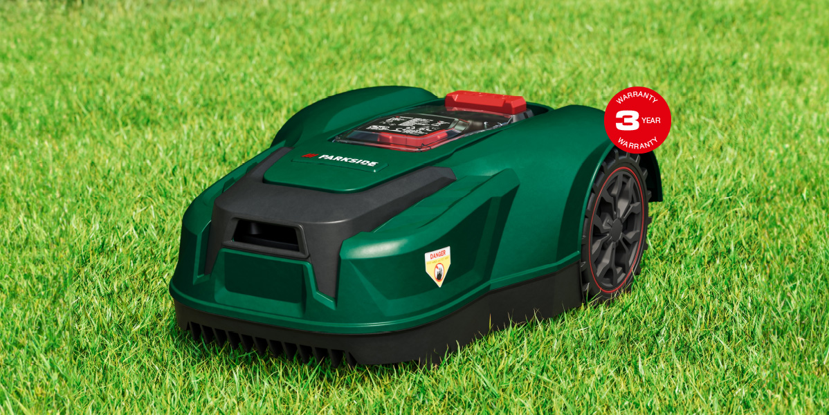 Green Parkside robotic lawnmower, 3-year warranty.